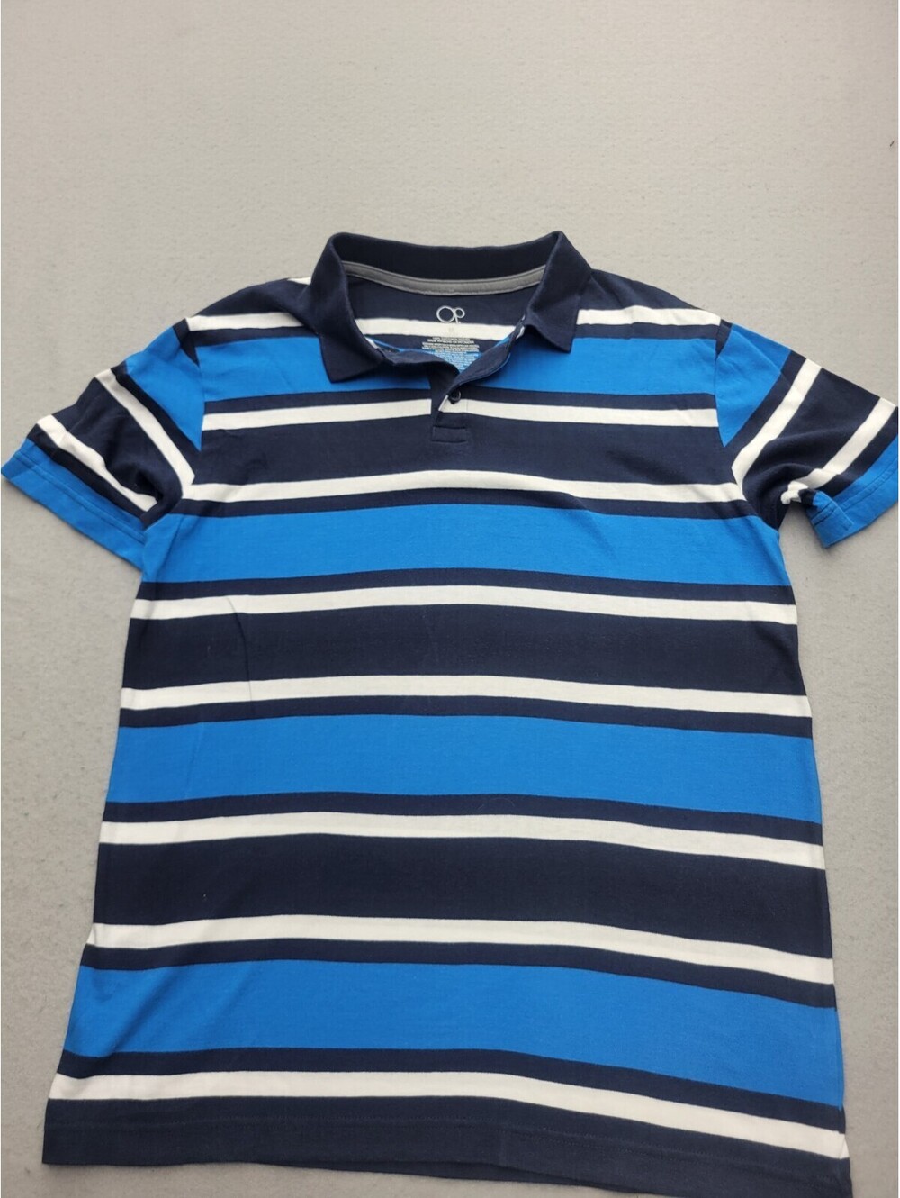 OP Men's Polo Medium Blue/Black Pullover Golf 100% Cotton Indonesia Striped